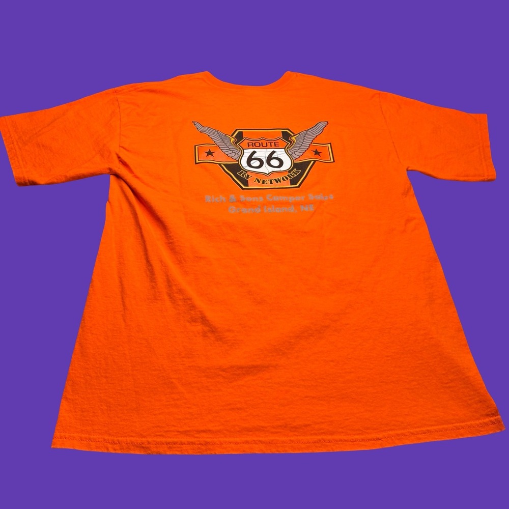 Route 66 RV Network T Shirt Large Orange Camper Sales Ad Nebraska 2 Sided Y2K